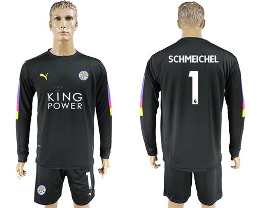 Leicester City #1 Schmeichel Black Goalkeeper Long Sleeves Soccer Club Jersey - Click Image to Close